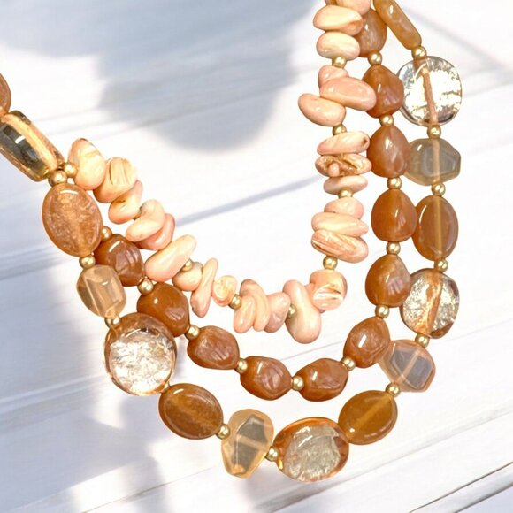 Multi-Layered Beaded Necklace Semi Precious Stones Glass Beads Leather Peach - Picture 5 of 6